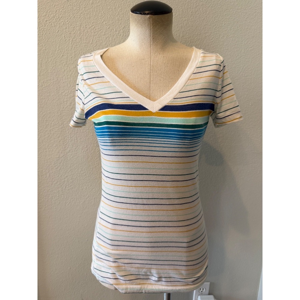 Mossimo Supply Co Womens XS White Multicolor Striped V Neck T Shirt Short Sleeve